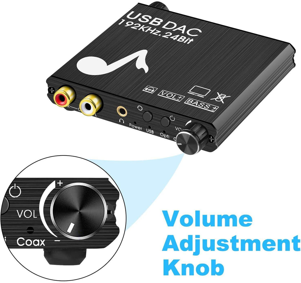 NÖRDIC DAC digital til analog konverter med USB med BASS og volumenkontrol Digital SPDIF Koaksial og USB til Analog L / R og 3,5 mm stereo