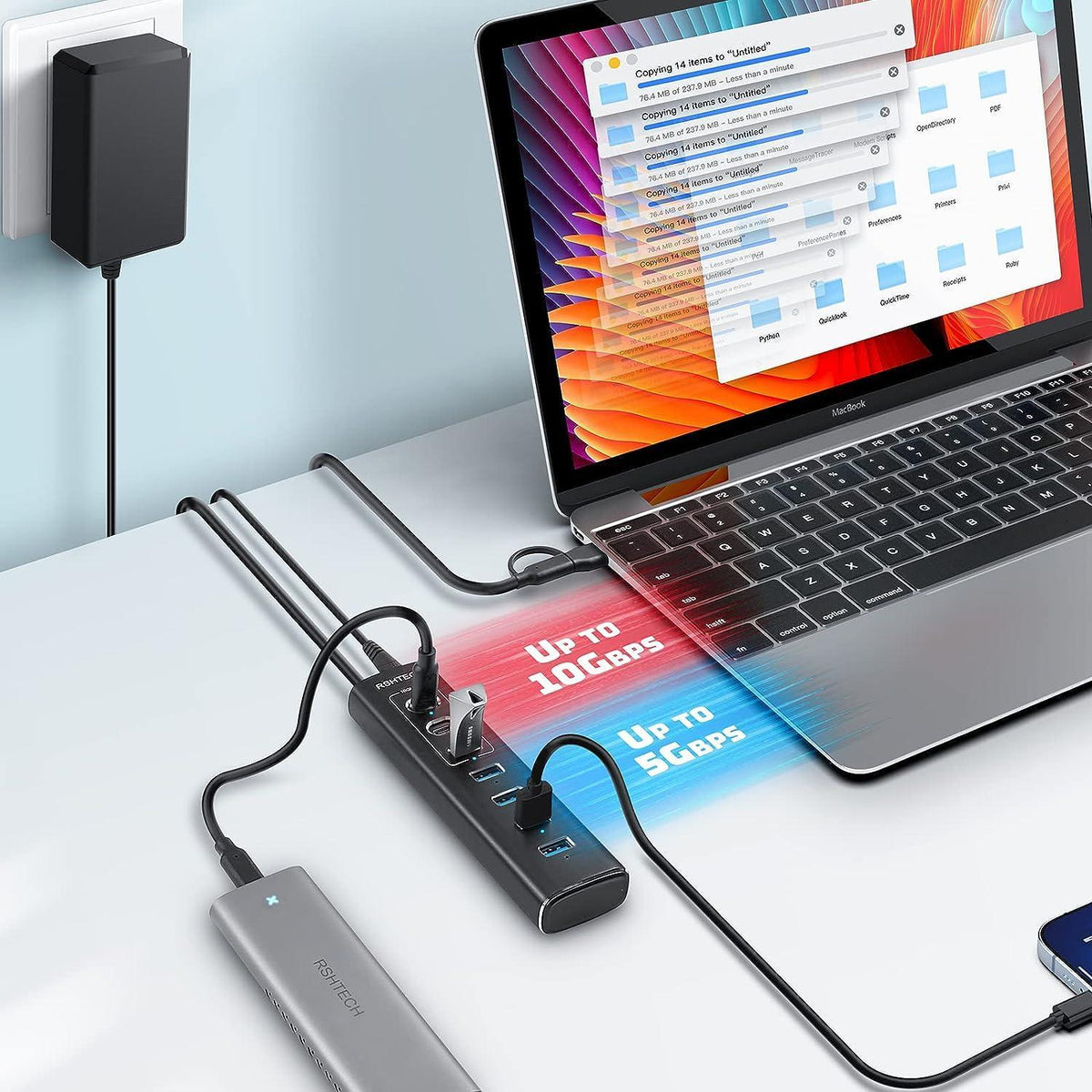 NÖRDIC GEN 3.2 USB-C og USB-A drevet Hubb 7-porte 3x10Gbps 4x5Gbps 1m kabel individuel switch