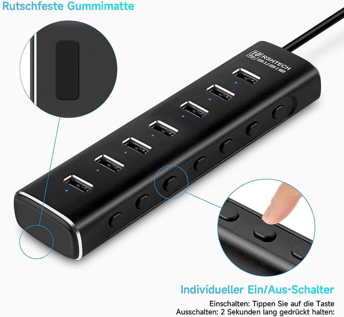 NÖRDIC GEN 3.2 USB-C og USB-A drevet Hub 7ports 7x10Gbps 1m kabel individuel switch