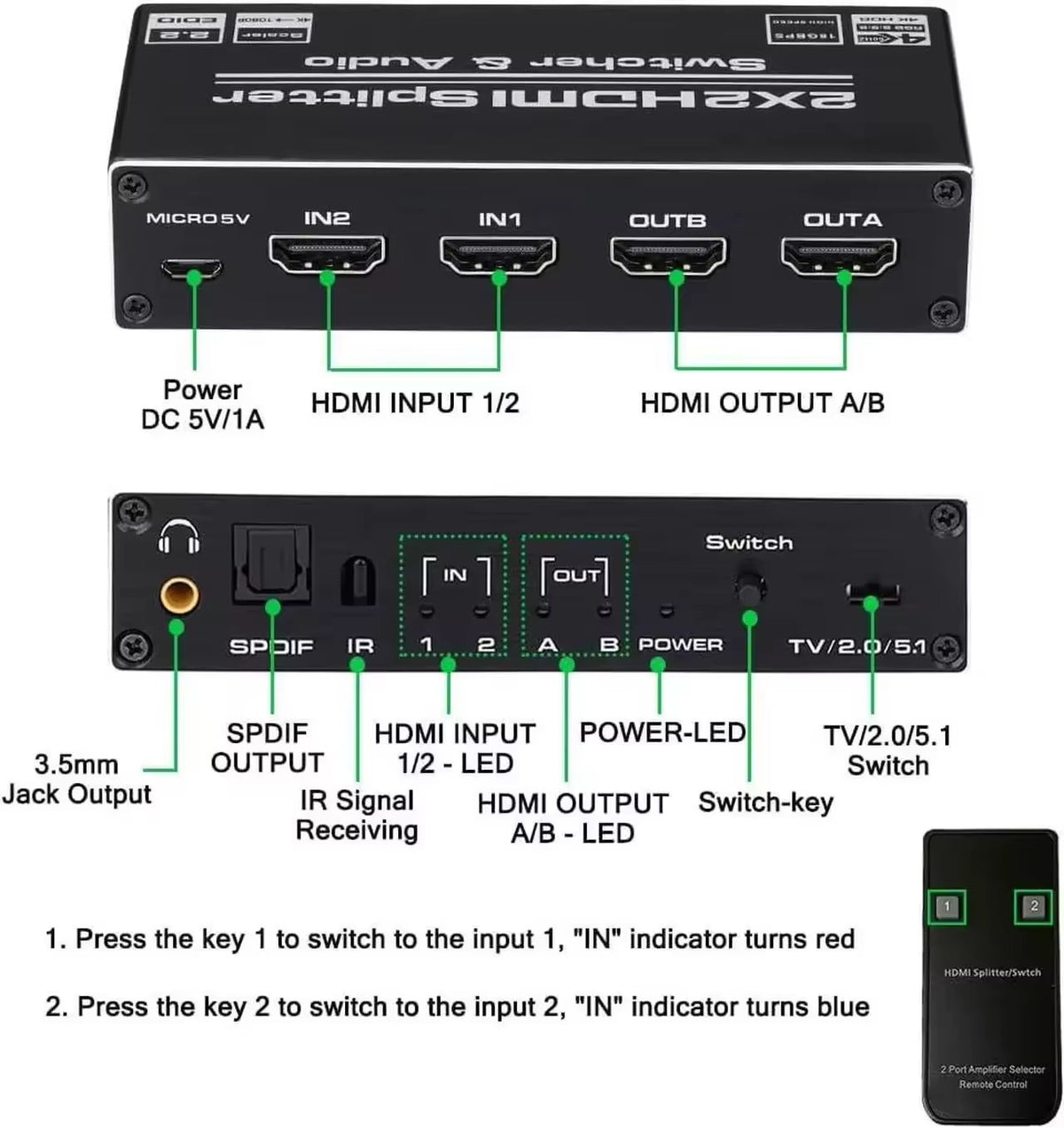 NÖRDIC HDMI 4K 60Hz Switch-Splitter 2x2 Audio SPDIF/Stereo med fjernbetjening