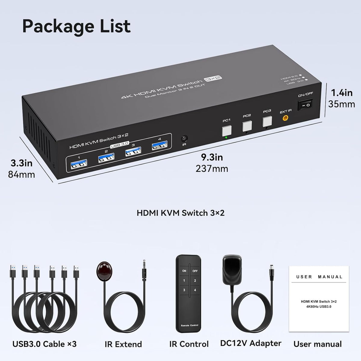 NÖRDIC HDMI KVM-switch 3 computere 2 skærme 4K60Hz EDID 4 USB 3.0 porte med fjernbetjening