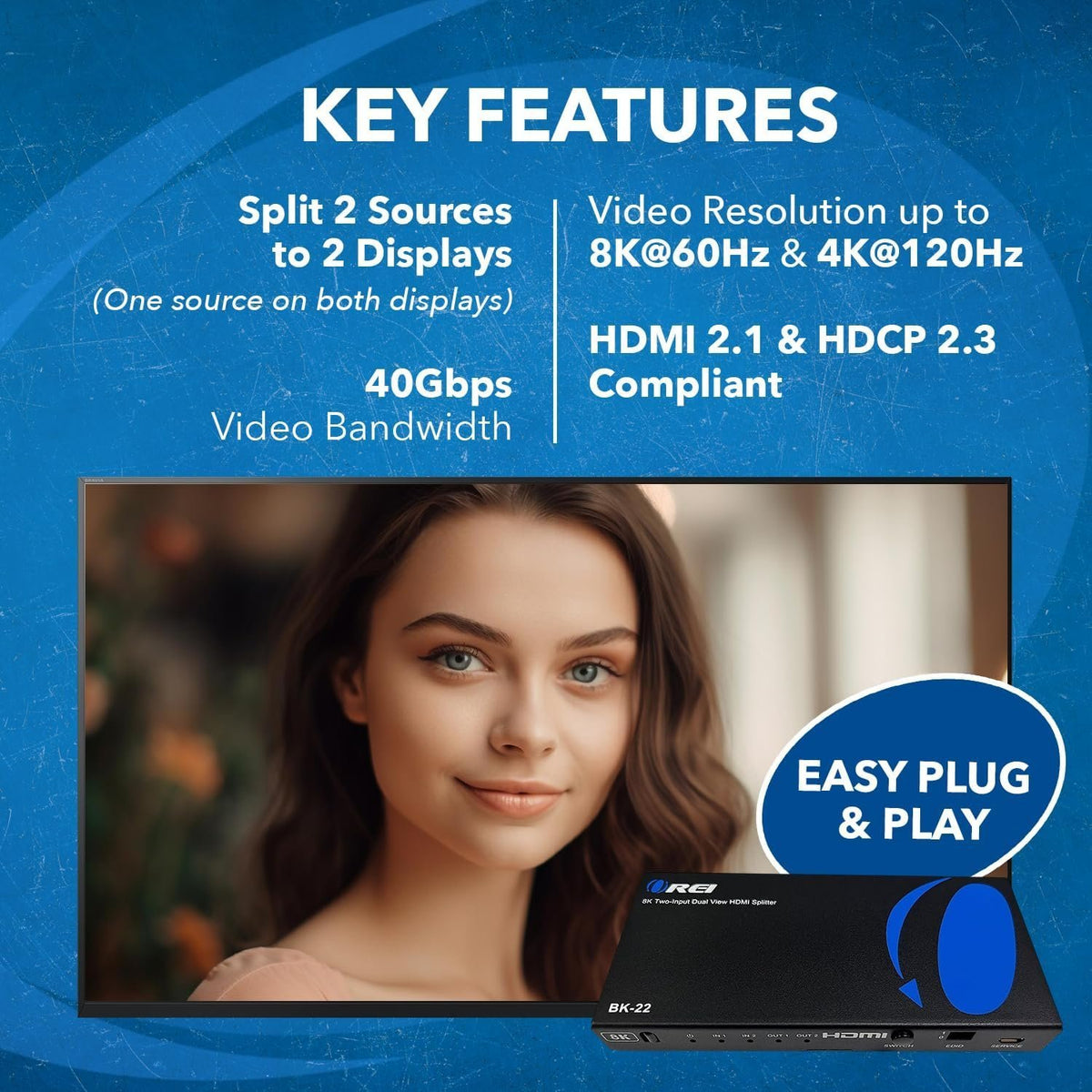 NÖRDIC HDMI Splitter 2 ind 2 ud, 8K@60Hz/4K@120Hz, 40Gbps, Dolby Vision Pass-Through, HDCP 2.3, automatisk EDID-håndtering