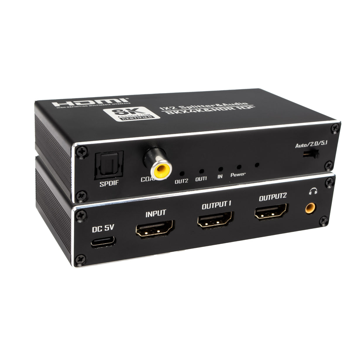 NÖRDIC HDMI 2.1 Splitter 8K60Hz 1 til 2 med indbygget extractor til SPDIF/Coaxial/Stereo