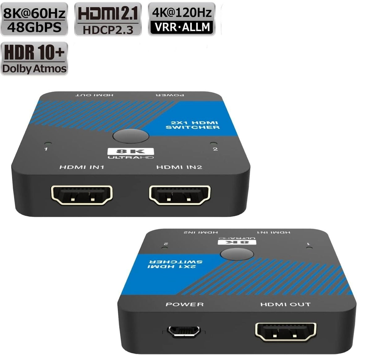 NÖRDIC HDMI 2.1 Switch 2 til 1 8K60Hz 4K120Hz CEC HDR Dolby Atmos, True HD, Digital Plus, DTS-HD Master