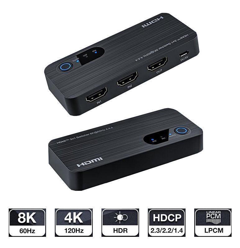 NÖRDIC HDMI 2.1 switch 2 til 1 8K60Hz 4K120Hz 48Gbps HDR HDCP2.3 Surround 7.1 CEC