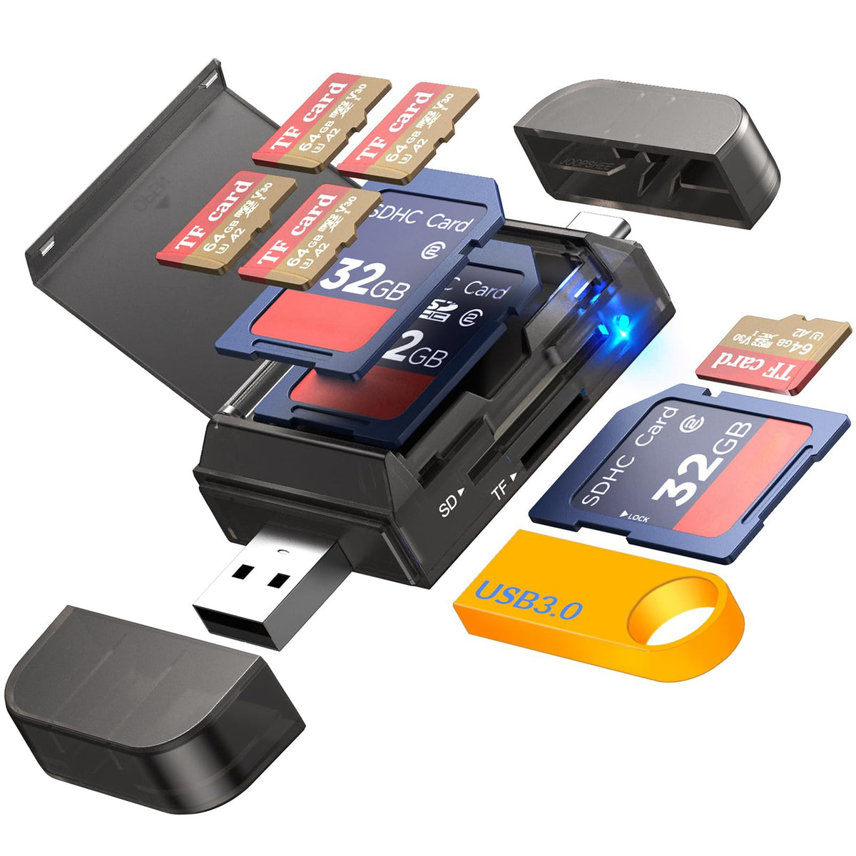 NÖRDIC USB-A, USB-C Kortlæser 2 Slot SD, Micro SD og USB-A 3.0 OTG med kortopbevaring