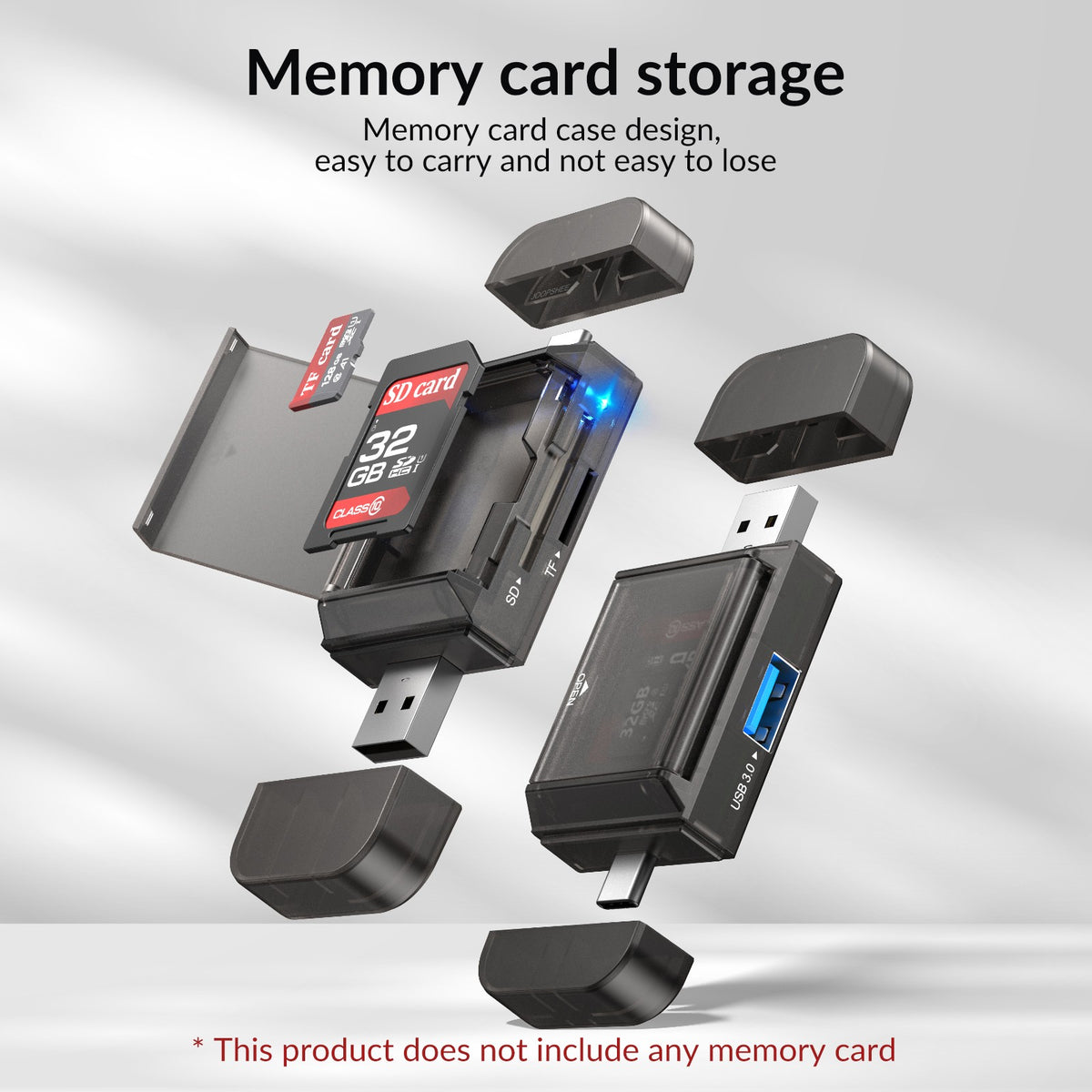 NÖRDIC USB-A, USB-C Kortlæser 2 Slot SD, Micro SD og USB-A 3.0 OTG med kortopbevaring