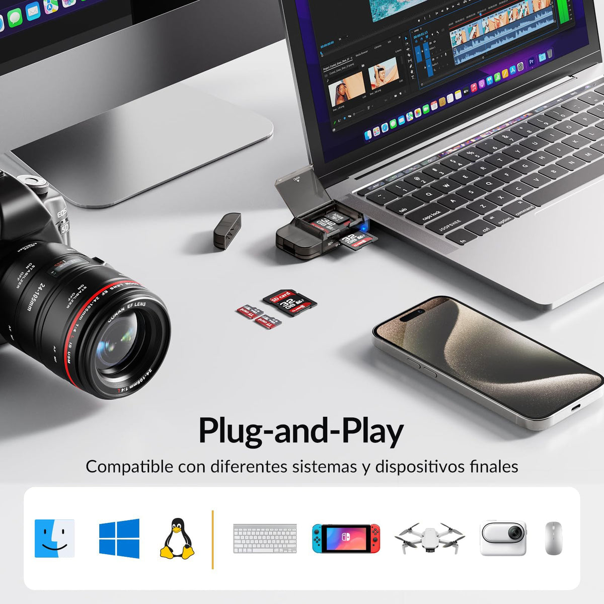 NÖRDIC USB-A, USB-C Kortlæser 2 Slot SD, Micro SD og USB-A 3.0 OTG med kortopbevaring