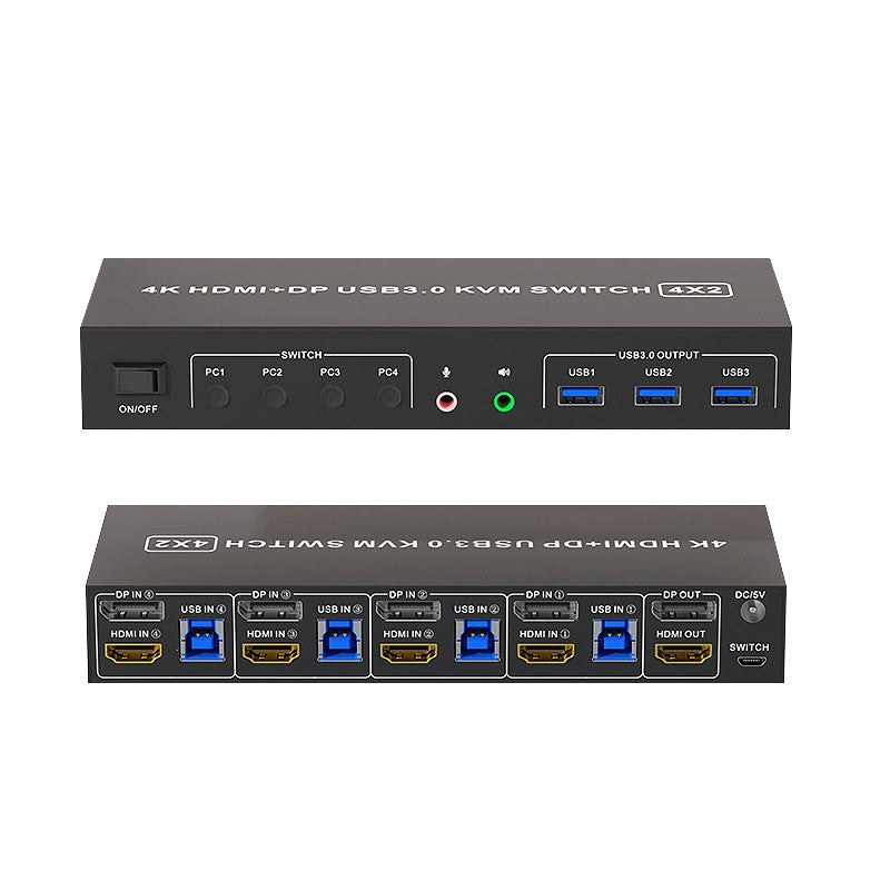 NÖRDIC KVM 4x2 Switch 4PC til Dual Monitor HDMI & DP 4K60Hz med 2x3.5mm og 3xUSB-A