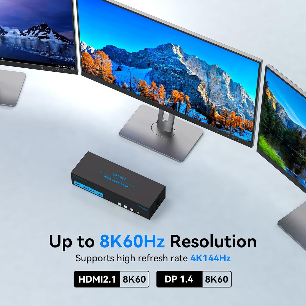 NÖRDIC KVM Switch 3 til 3, 4xUSB3.0 2xDP 1xHDMI 8K30Hz med trådløs kontrol