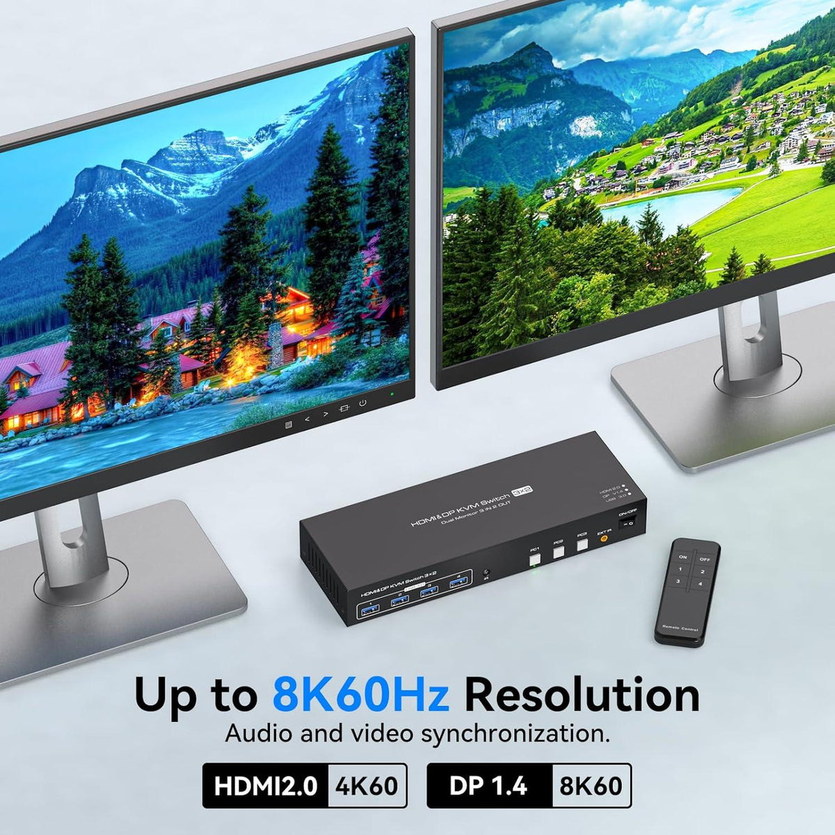 NÖRDIC KVM-switch 3 til 2 8K60Hz DP 1.4 HDMI 2.0 KVM USB 3.0