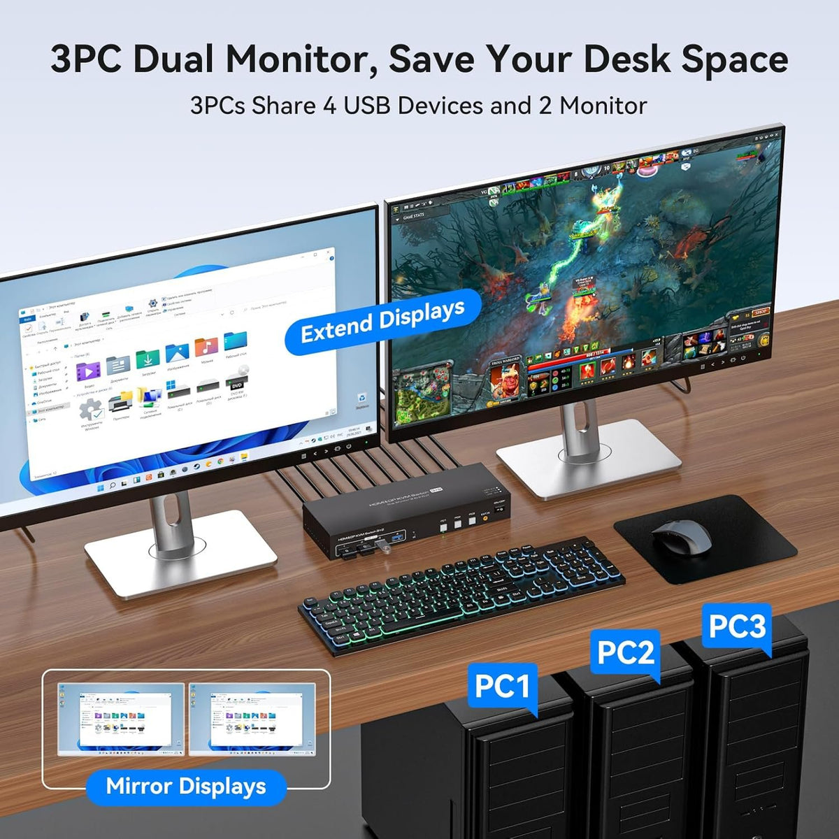 NÖRDIC KVM-switch 3 til 2 8K60Hz DP 1.4 HDMI 2.0 KVM USB 3.0