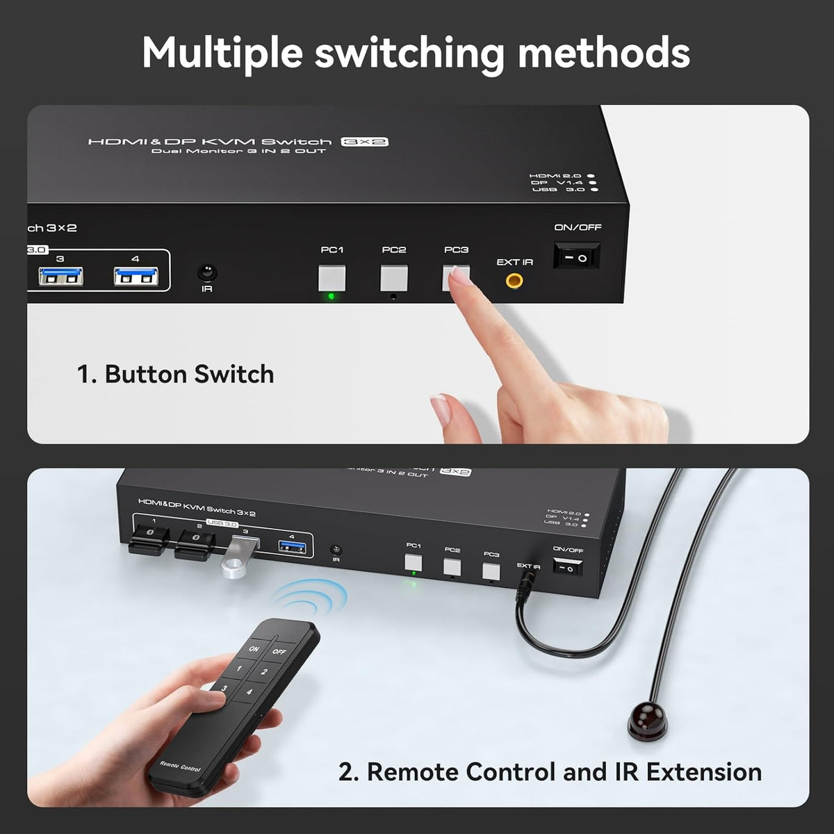 NÖRDIC KVM-switch 3 til 2 8K60Hz DP 1.4 HDMI 2.0 KVM USB 3.0