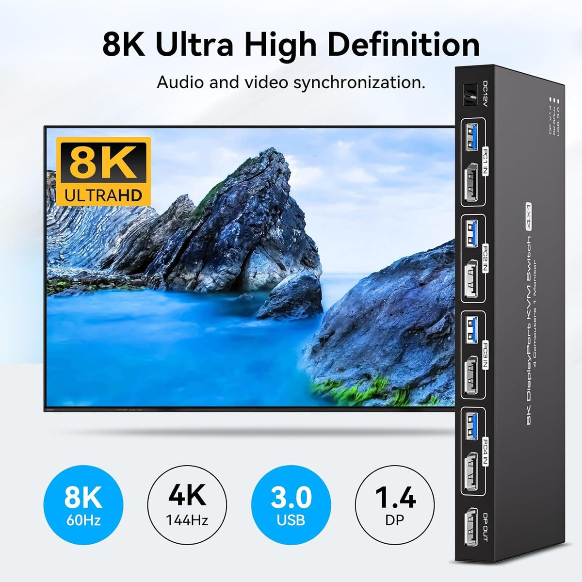NÖRDIC KVM Switch 4 til 1 DP 8K60Hz 4K144Hz 4xUSB 3.0