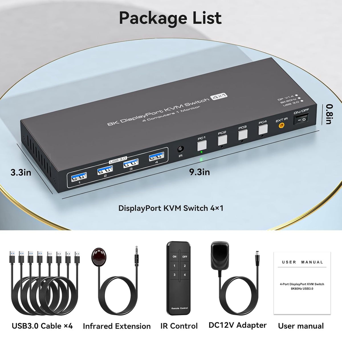 NÖRDIC KVM Switch 4 til 1 DP 8K60Hz 4K144Hz 4xUSB 3.0