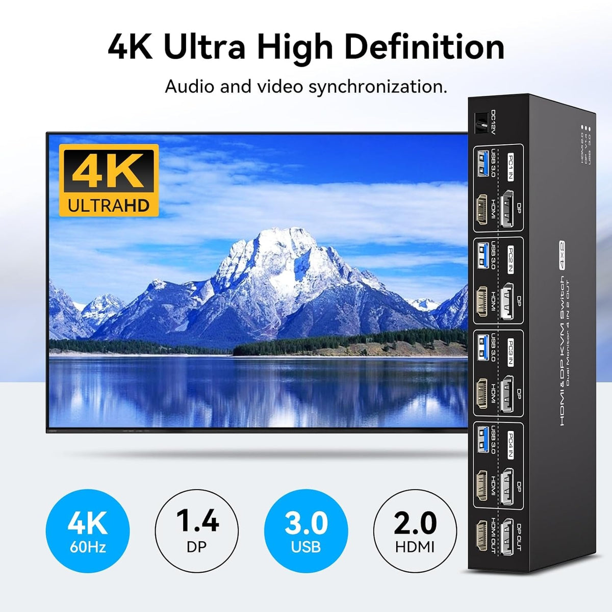 NÖRDIC KVM-switch 4 til 2 DP + HDMI 4K60Hz USB3.0