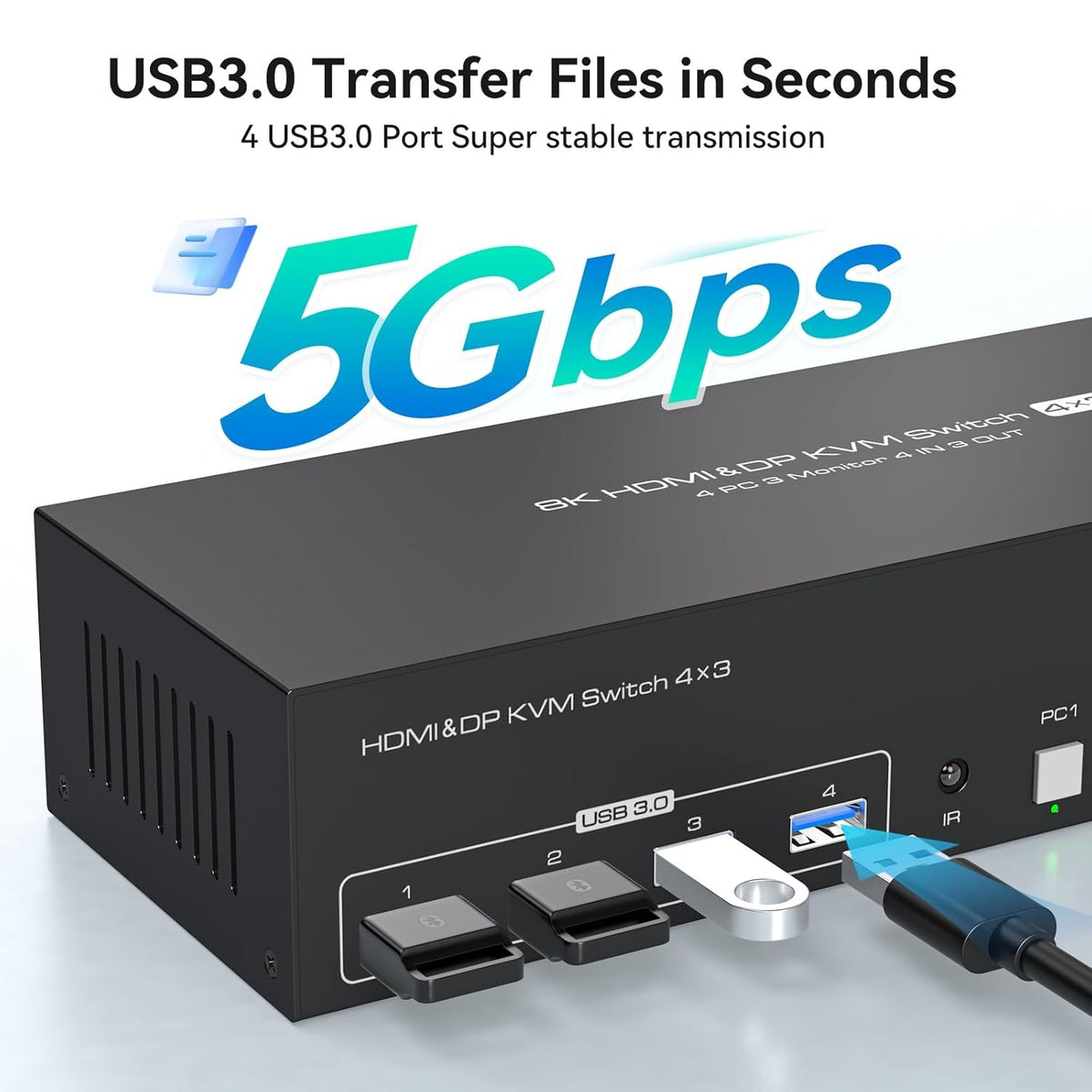NÖRDIC KVM Switch 4 til 3, 4xUSB3.0 2xDP 1xHDMI 8K60Hz med trådløs kontrol
