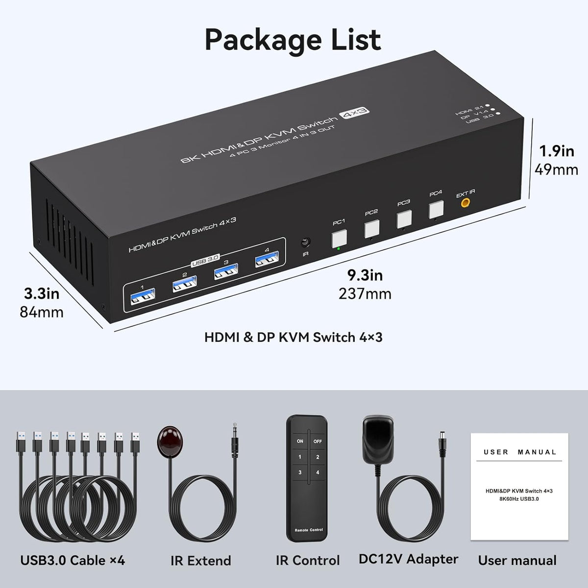 NÖRDIC KVM Switch 4 til 3, 4xUSB3.0 2xDP 1xHDMI 8K60Hz med trådløs kontrol