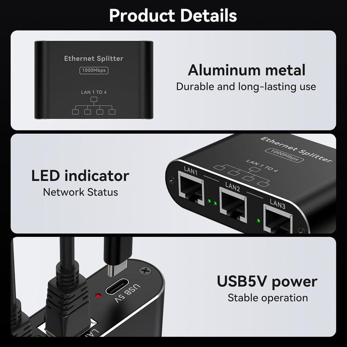 NÖRDIC LAN-splitter 1 til 4 1000 Mbps Gigabit Ethernet til computer, laptop, switch, hub, router, digital-TV