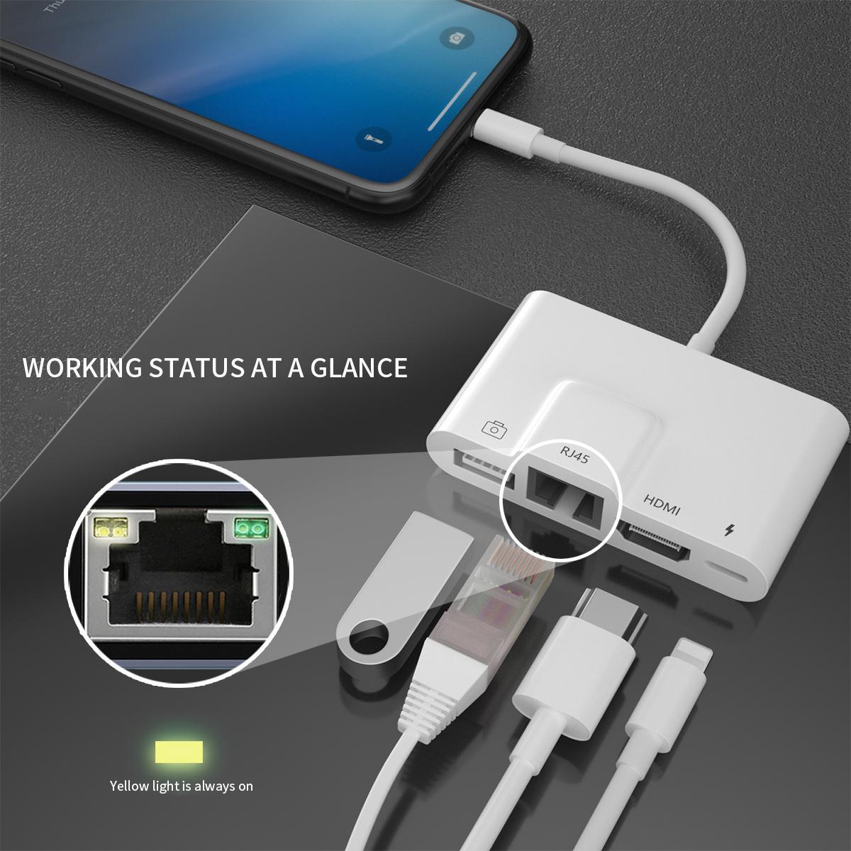 NÖRDIC Lightning adapter 1 til 4 porte 1xHDMI 1x RJ4510 / 100Mbps 1xUSB A 3.1 og 1 x Lightning opladningsport