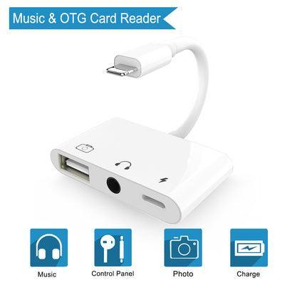 NÖRDIC Lightning adapter til 1xUSB En 1x3,5mm lyd og 1x Lightning White 10cm kabel