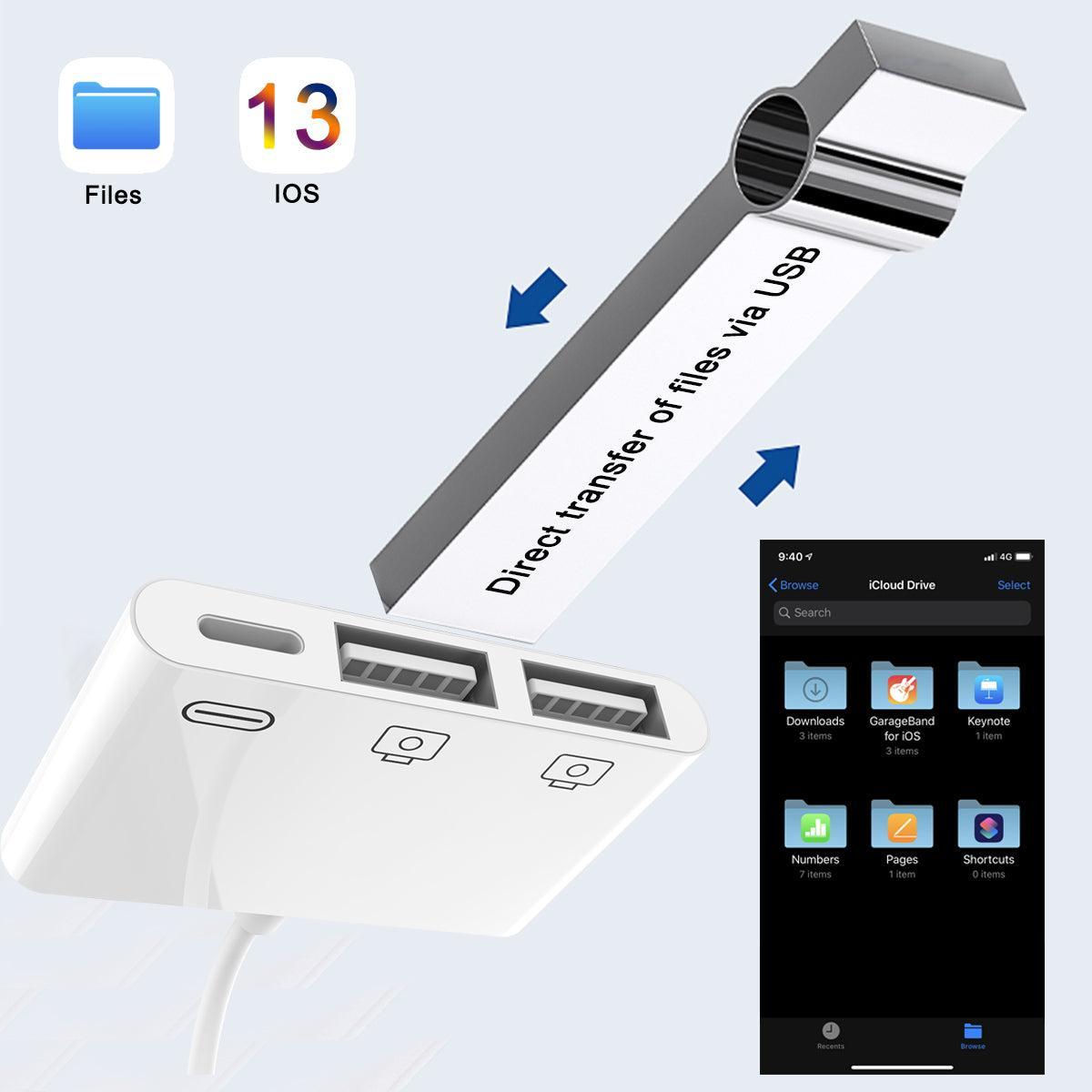 NÖRDIC Lightning hub med 2xUSB En port og 1x Lightning port hvid 10cm kabel