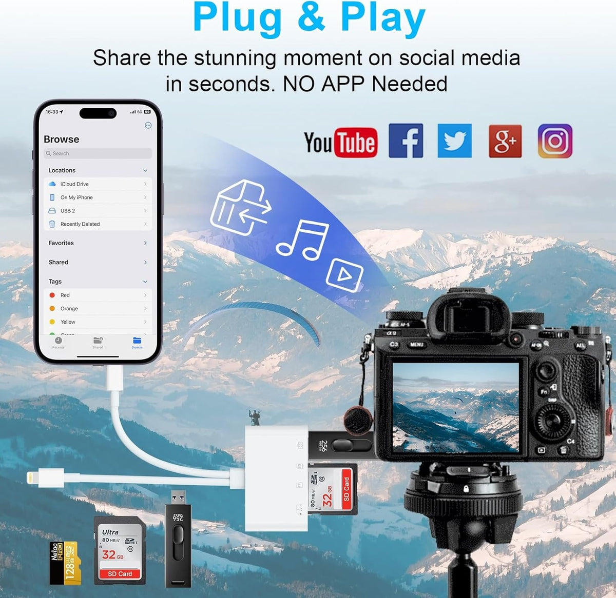 NÖRDIC USB-C, Lightning-kortlæser 2 SD-slot, MicroSD 1xUSB-A, 1xUSB-C UHS-I