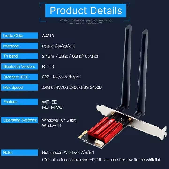NÖRDIC PCIe AX210 WiFi-kort, tri-band 6 GHz/5 GHz/2,4 GHz internt netværkskort, 5400 Mbps, PCIe, 8 dBi, Bluetooth 5.3-adapter