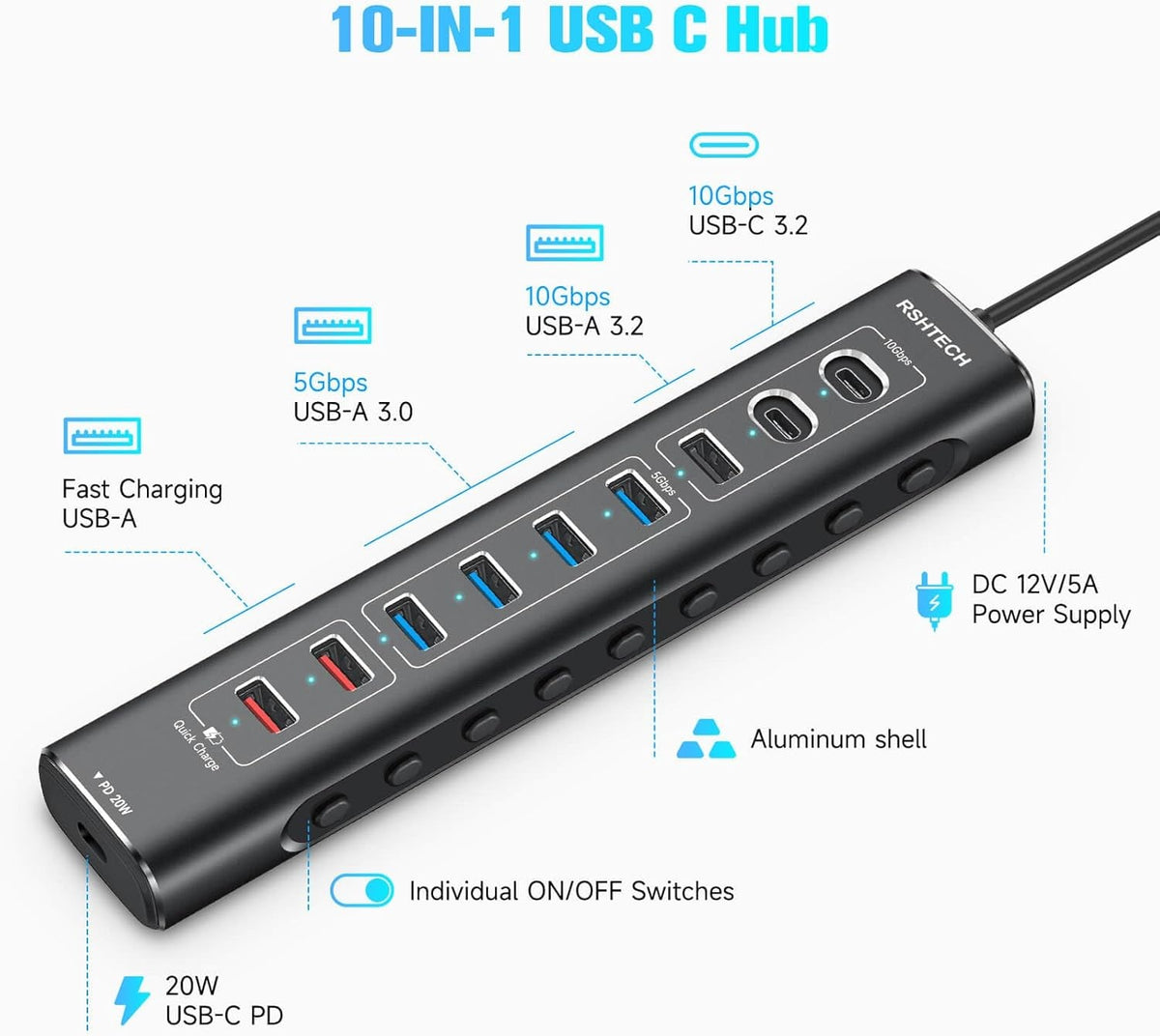 NÖRDIC Powered 10-ports USB-C & A Hub, 3x10G USB-A og USB-C USB3.2 GEN2, 4x5G USB-A USB3.2 GEN1, 1xUSB-C 20W PD, 2xUSB-A opladning med individuel switch