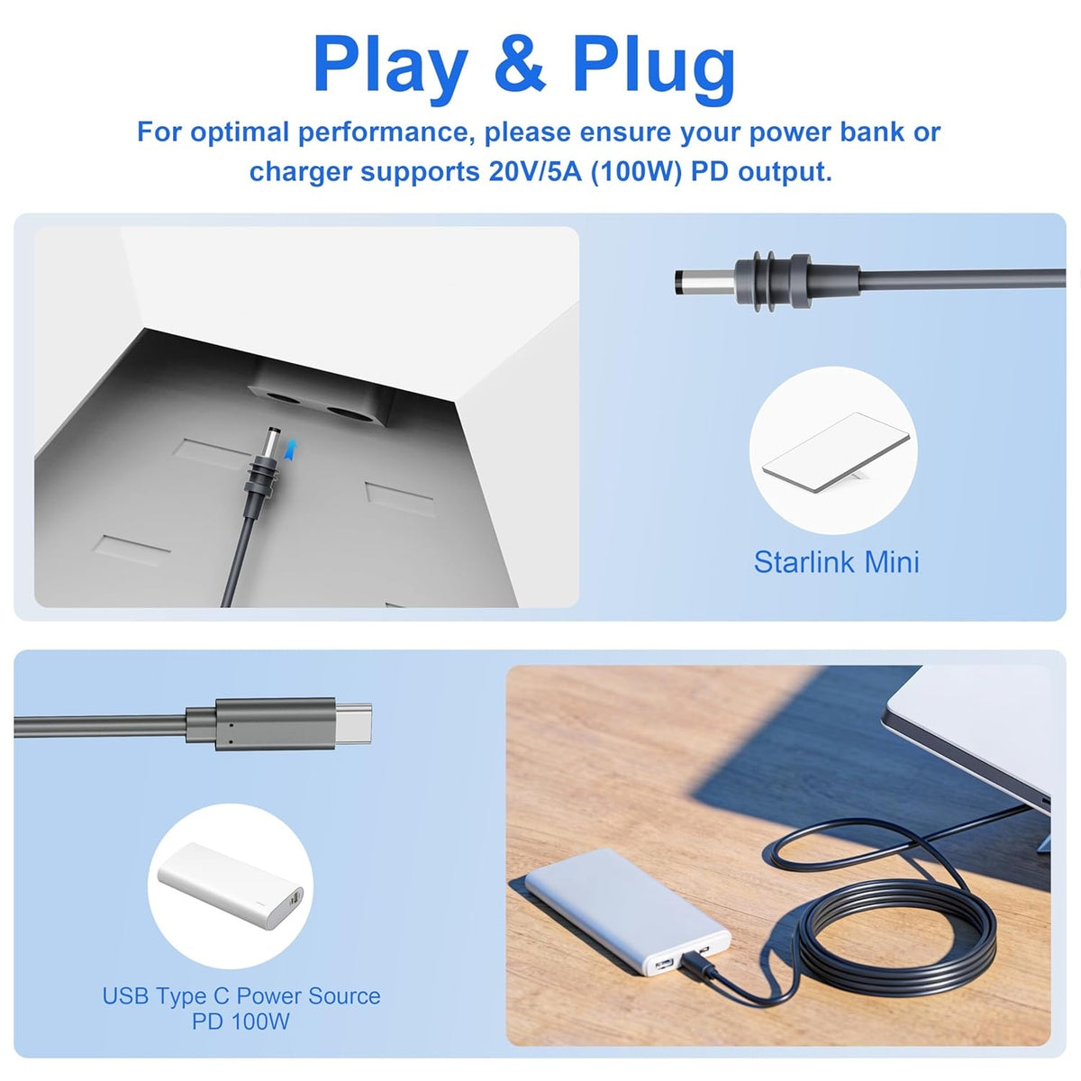 Starlink 3m Mini-kabel USB-C til DC Vandtæt 100W Indgang Udendørs Camping Rejse Arbejde
