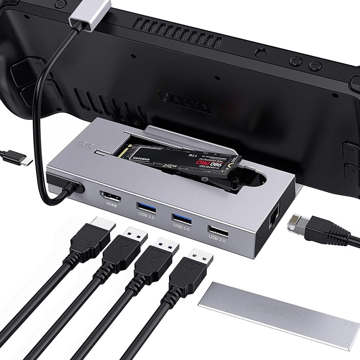 NÖRDIC Steam Deck dockingstation 1 til 7 - 1xHDMI 2.0 (4K60Hz), 1xM.2 SSD, 1xUSB-C PD 100W, 2xUSB-A 3.0, 1xUSB-A 2.0, 1xGigabit Ethernet