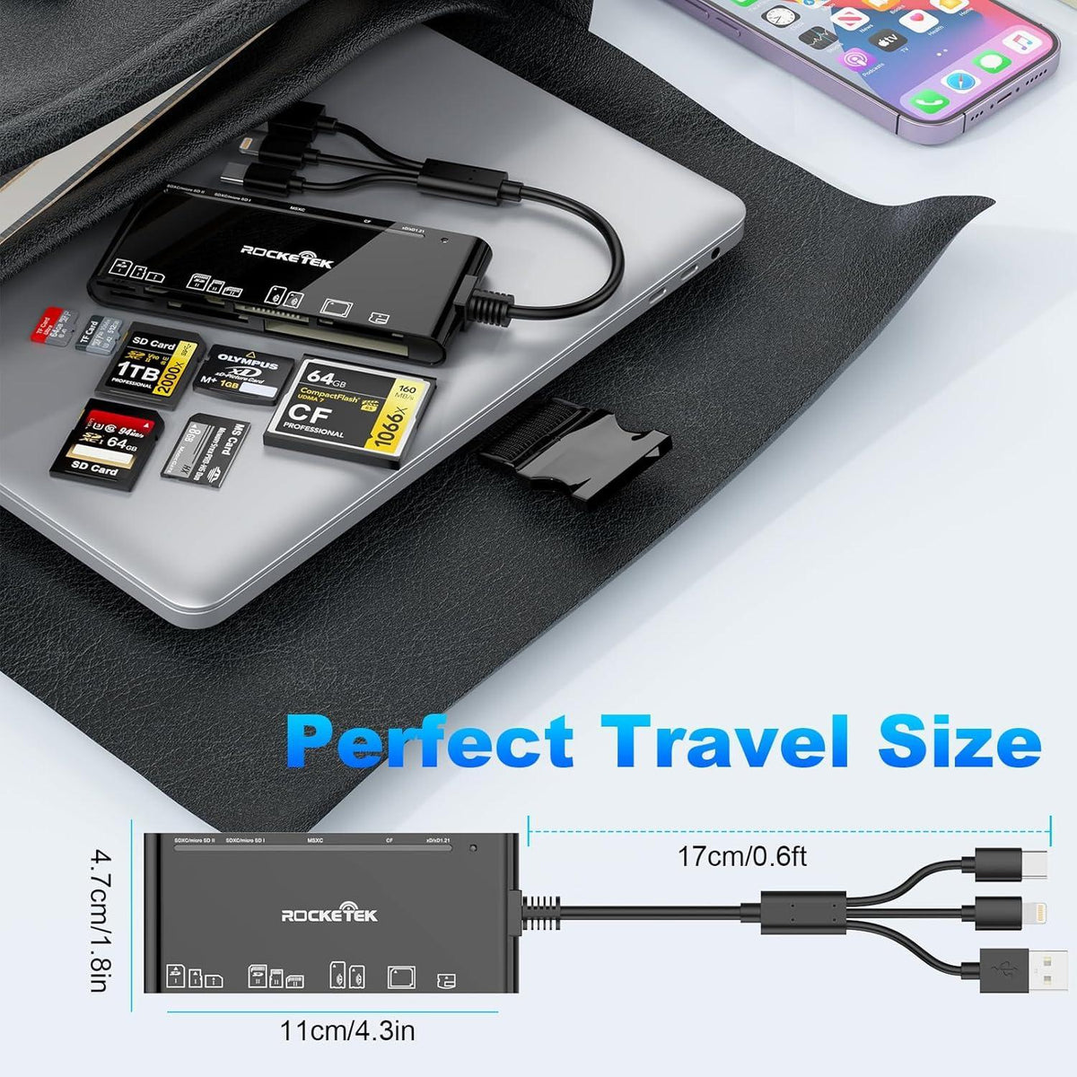 NÖRDIC USB-A, USB-C, Lightning USB3.0 Multi-kortlæser 7 Slot 1xCF, 2xSD, 2xMicroSD, 1xMS, 1xXD UHS-I