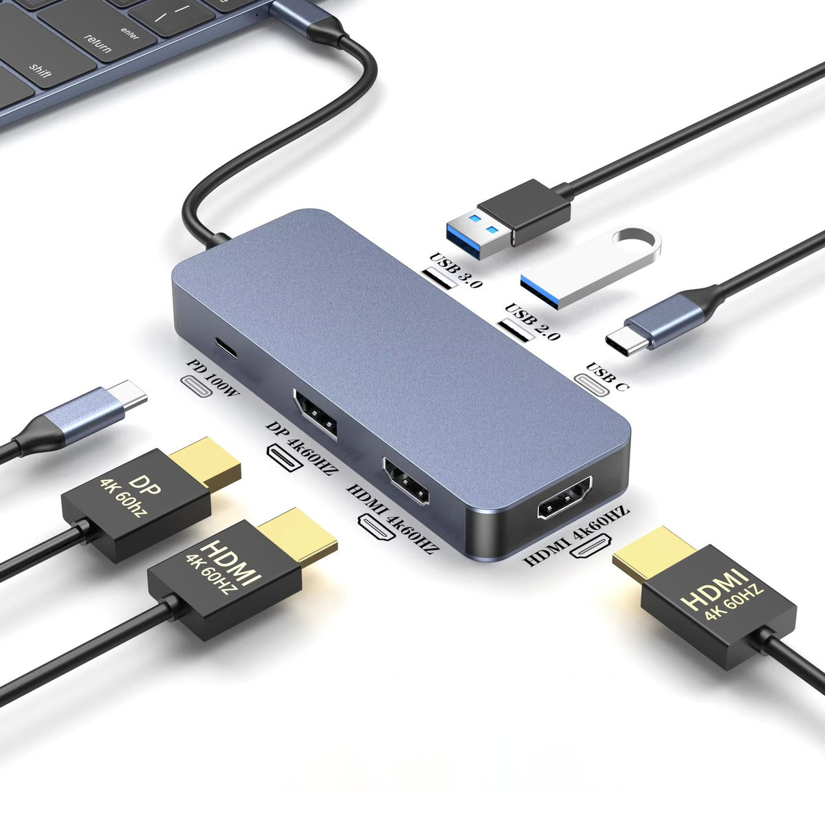 NÖRDIC USB-C 1 till 7 Dockningsstation 2xHDMI 1xDP 1xUSB-C PD100W 1xUSB-C 2xUSB-A