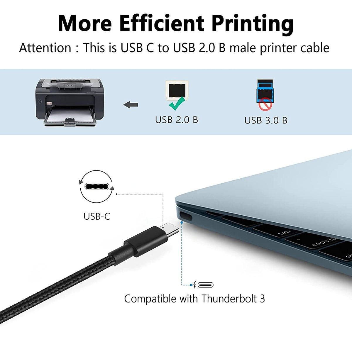 NÖRDIC USB-C 2.0 til USB-B 2.0 datakabel 3m USB-printerkabel