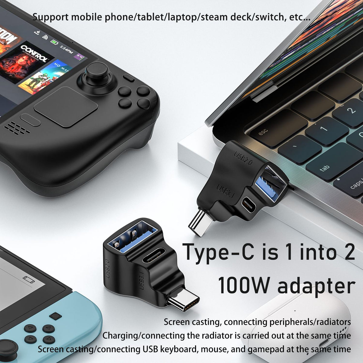 NÖRDIC USB-C Adapter 1 til 2 USB-C 3.1 + USB-A 10Gbps 4K60Hz 100W PD