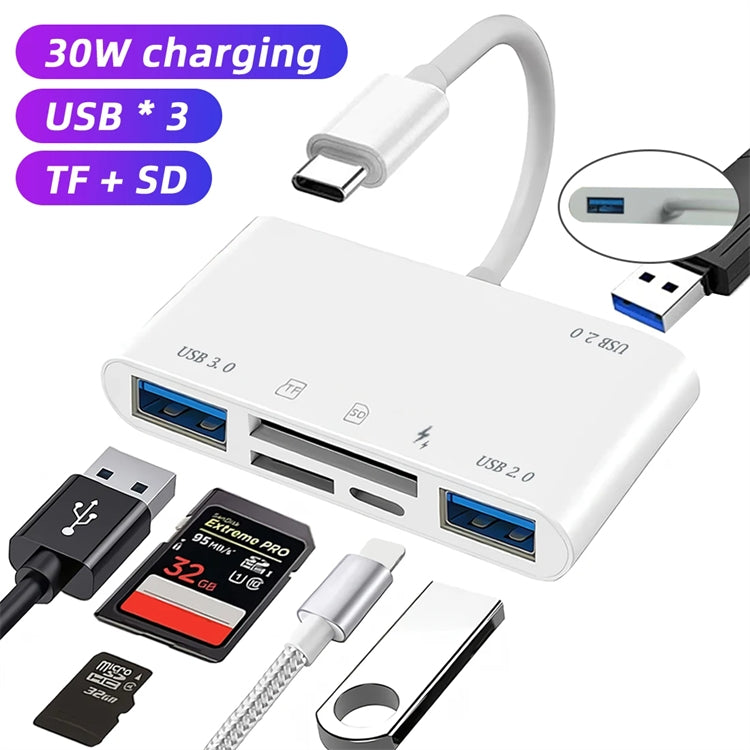 NÖRDIC USB-C Kortlæser med 2 slot SD, MicroSD, 3xUSB-A, 1xUSB-C Opladning 30W UHS-I
