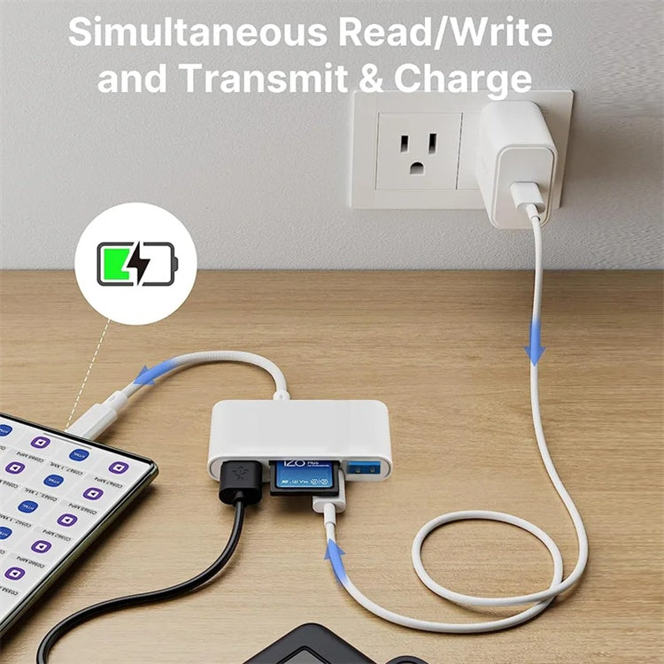 NÖRDIC USB-C Kortlæser med 2 slot SD, MicroSD, 3xUSB-A, 1xUSB-C Opladning 30W UHS-I