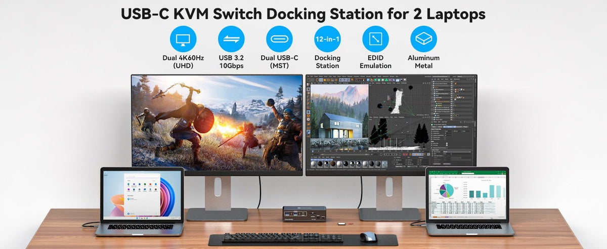 NÖRDIC USB-C Dockingstation med KVM-switch 2 PC 2 skærme 4K60Hz HDMI EDID 12-i-1 Gigabit Ethernet, kortlæser, 5xUSB-A og USB-C