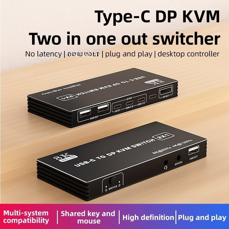 NÖRDIC USB-C KVM-switch 2 til 1 DP 8K60Hz 4K144Hz 3xUSB 1x3.5mm
