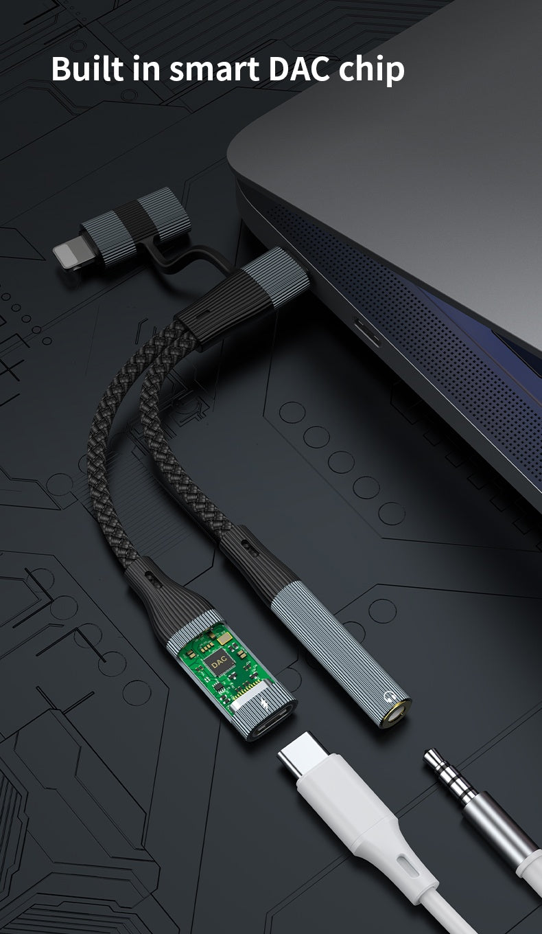 NÖRDIC USB-C+Lightning til lyd 3,5mm PD60W USB-C 15cm