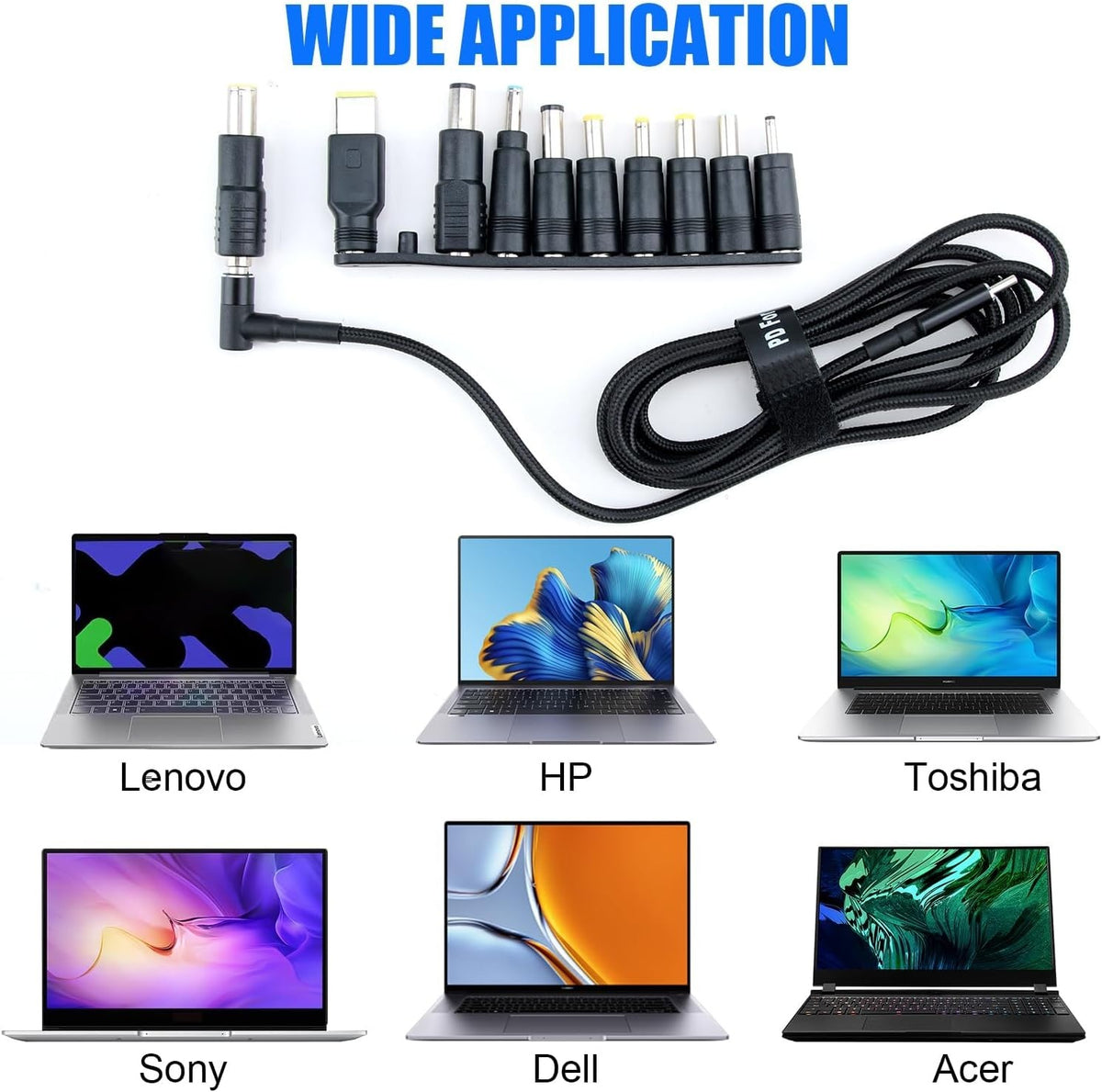 NÖRDIC USB-C til DC-strømkabel med 10 adaptere 1.8m 100W