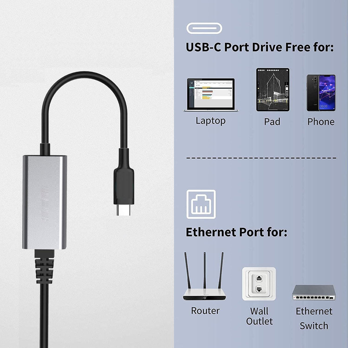 NÖRDIC USB-C til Gigabit Ethernet-netværksadapter, 17 cm, Space Grey, aluminium, Realtek RTL8153BC