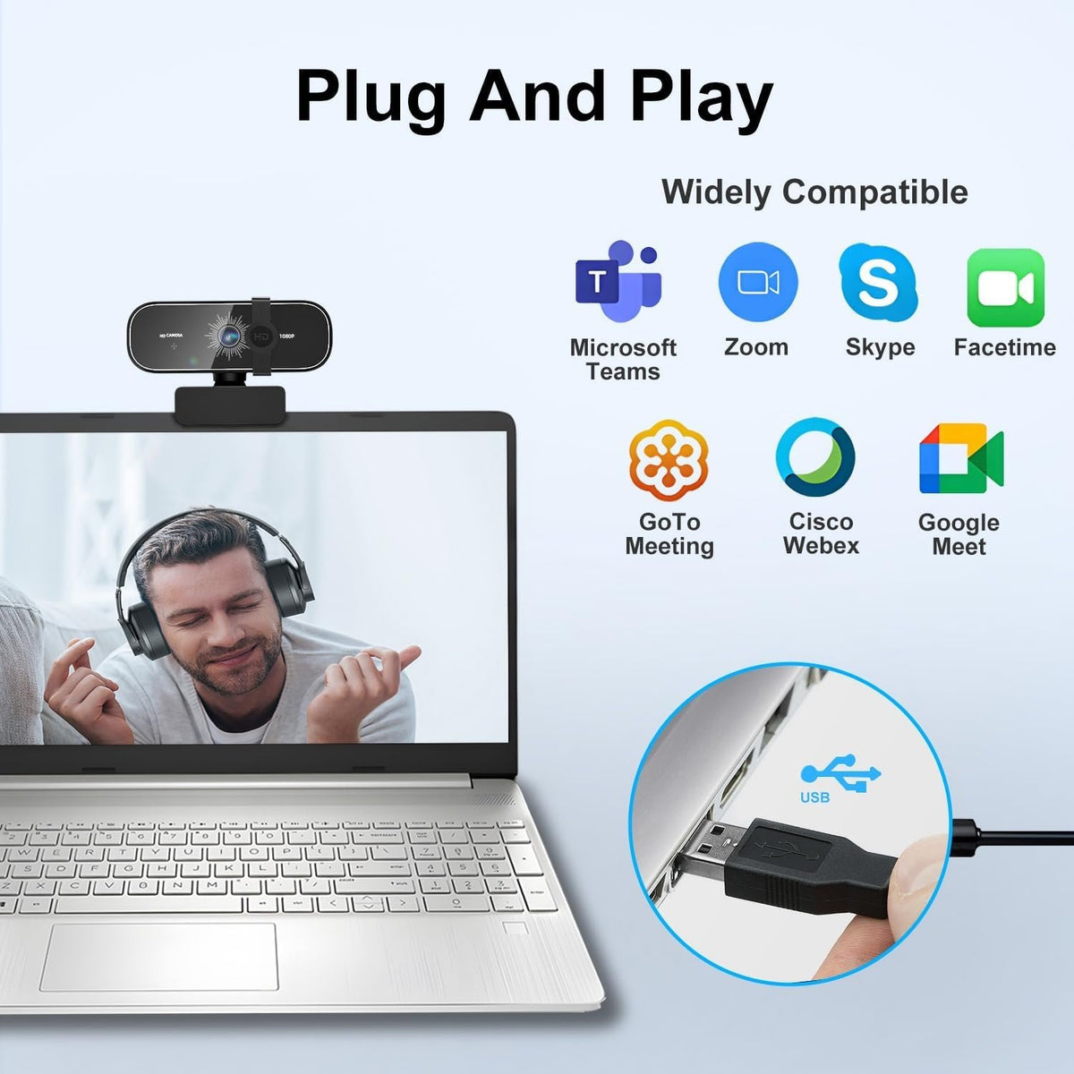 NÖRDIC USB Webcam 1080P Full HD 30fps med mikrofon, der kan drejes 360 grader 2MP autofokus