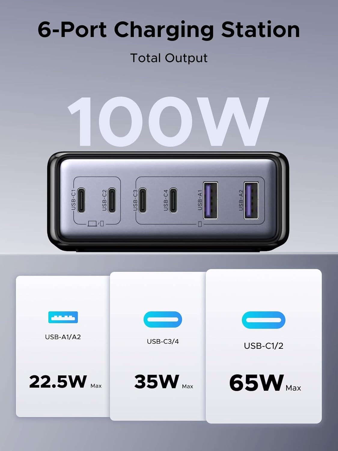 UGREEN 100W USB-C Opladningsstation, 6-ports GaN Skrivebordslader med 4 USB-C & 2 USB-A, Smart Strømfordeling