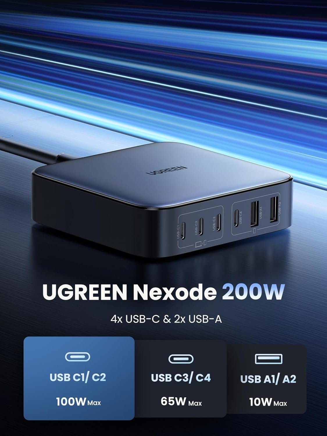 UGREEN Nexode 200W USB-C oplader, 6-Port GaN bordoplader