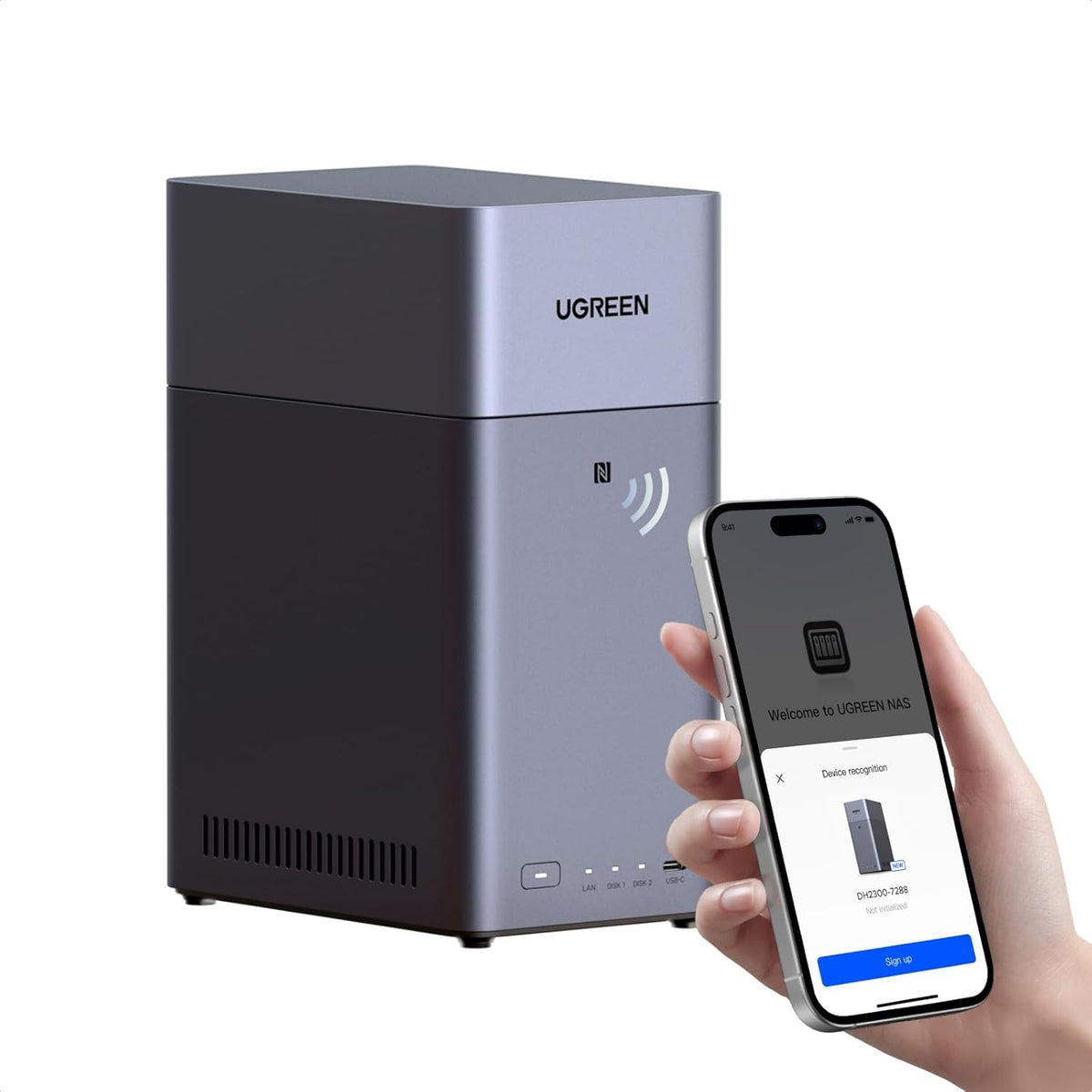 UGREEN NASync DH2300 2-bay NAS (2xSATA 3,5"/2,5"), 64TB maksimal lagerplads, 4/8GB RAM, 1GbE LAN, NFC One-Touch, AI-fotoalbum, brugervenlig NAS til hjemmet