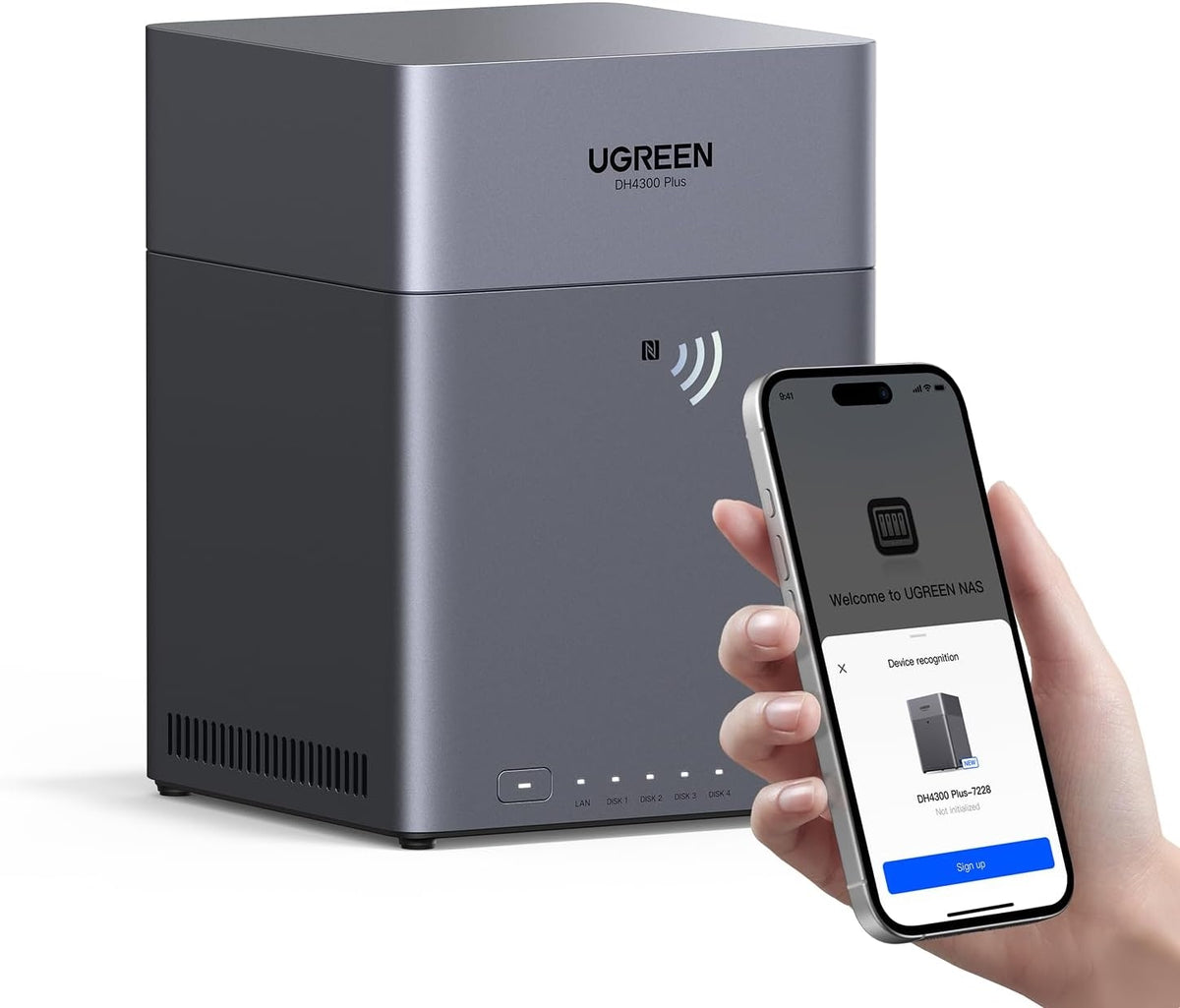 UGREEN NASync DH4300Plus 4-bay NAS (4xSATA 3,5"/2,5"), 128TB maksimal lagerplads, 8GB RAM, 2.5GbE LAN, NFC, AI-fotoalbum, tilpasset til kontor/hjemmet