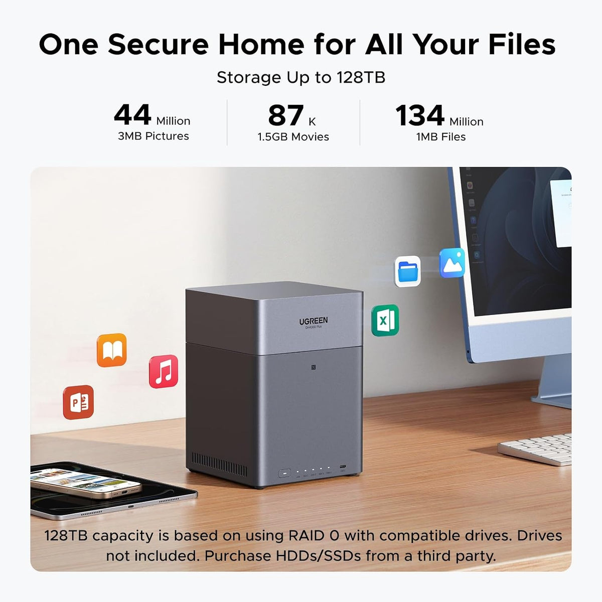 UGREEN NASync DH4300Plus 4-bay NAS (4xSATA 3,5"/2,5"), 128TB maksimal lagerplads, 8GB RAM, 2.5GbE LAN, NFC, AI-fotoalbum, tilpasset til kontor/hjemmet