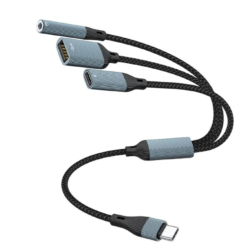 NÖRDIC USB-C-hub 1 til 3, 1xUSB-A 1xUSB-C PD60W 1x3,5mm hovedtelefonstik OTG-kabel