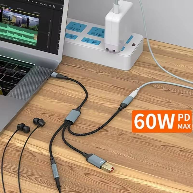 NÖRDIC USB-C-hub 1 til 3, 1xUSB-A 1xUSB-C PD60W 1x3,5mm hovedtelefonstik OTG-kabel